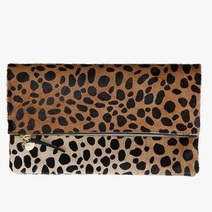 Clare V fold over calf hair leopard clutch